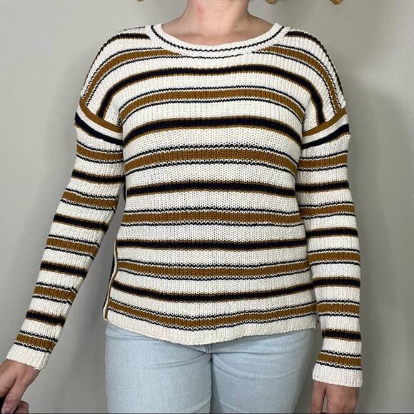 Max Studio Cream, Brown and Navy Blue Striped Sweater Size Medium - Picture 3 of 11
